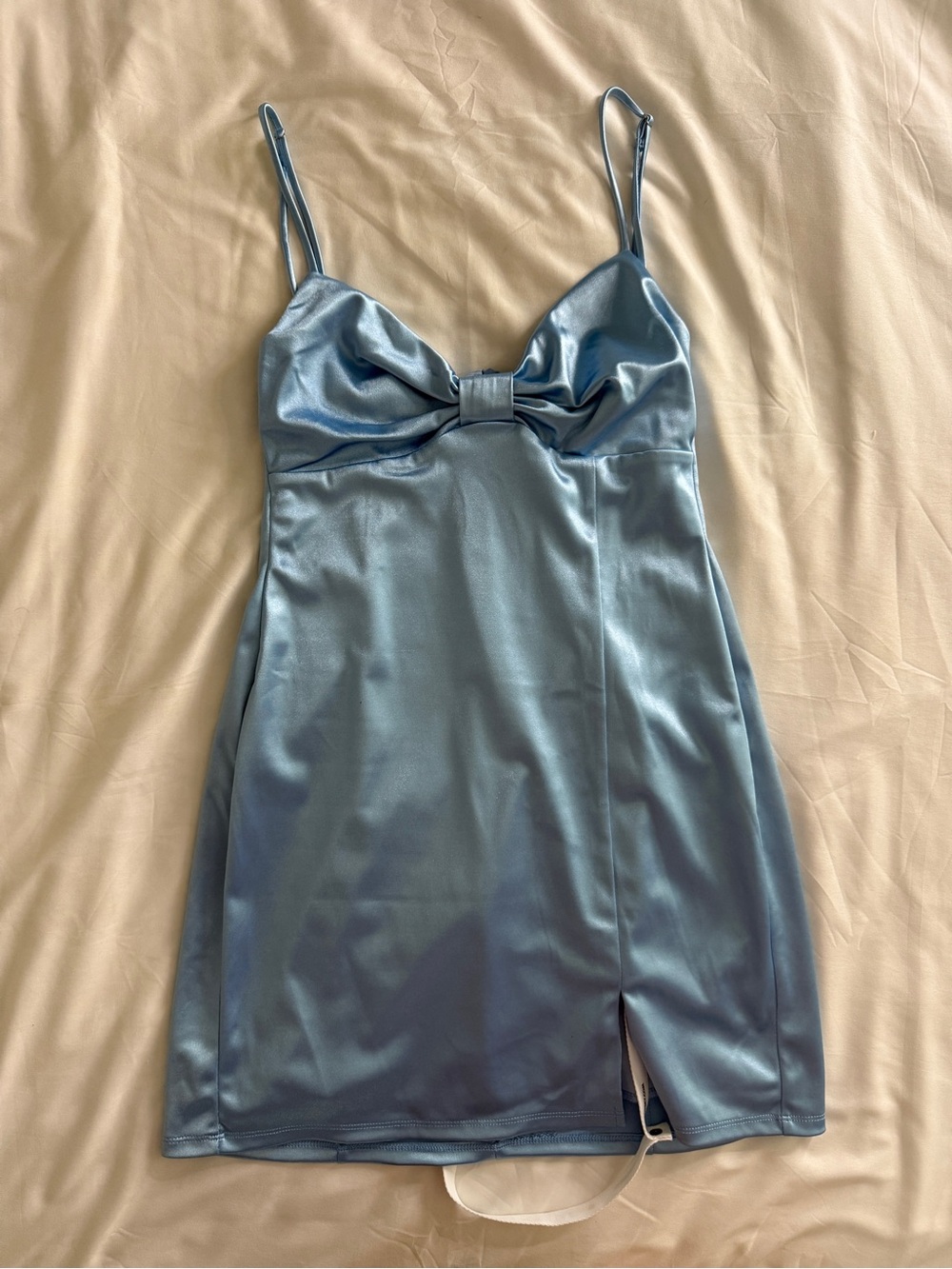 Lucy in the Sky Satin Light Blue Mini Dress with bow detail design on bust